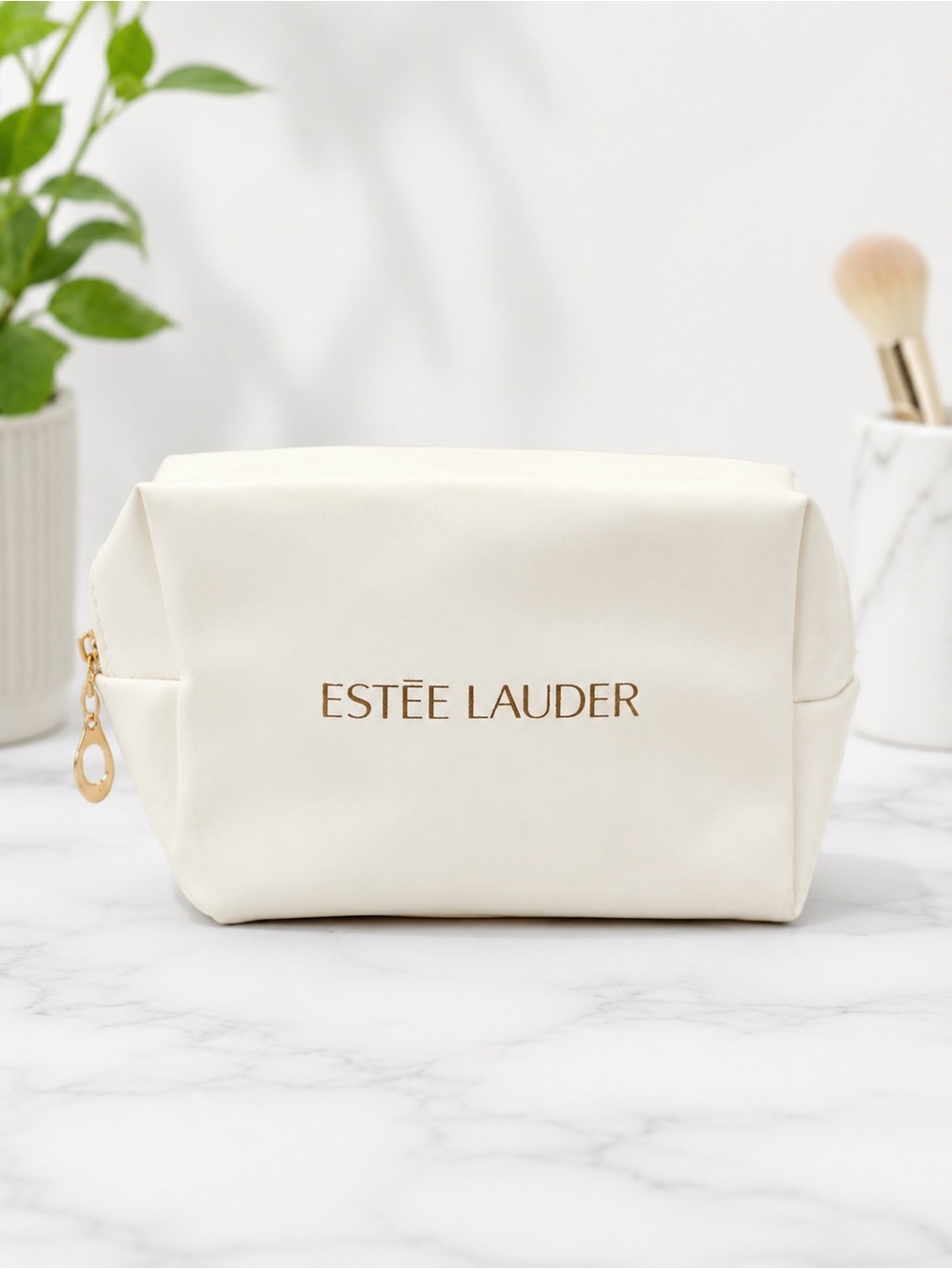 Estée Lauder White Makeup Bag Cosmetic Travel Pouch Toiletry Case Gold Zip